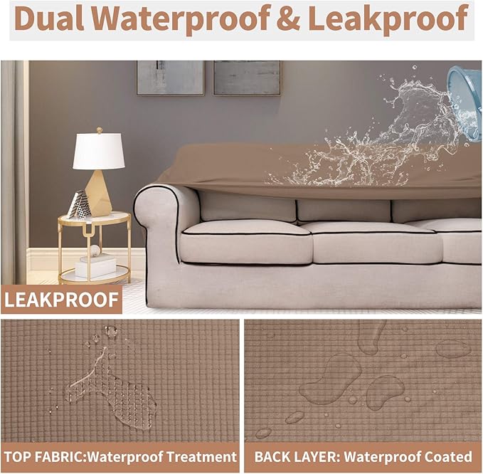 Easy-Going 100% Waterproof Couch Cover, Dual Waterproof Sofa Cover, Stretch Jacquard Sofa Slipcover, Leakproof Furniture Protector for Kids, Pets, Dog and Cat (Oversized Sofa, Camel)