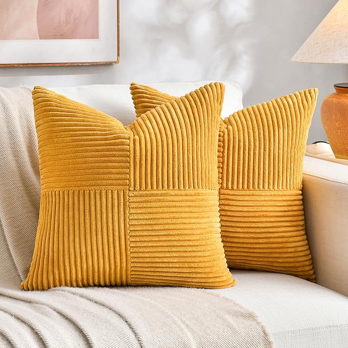 Fancy Homi 2 Packs Sunflower Yellow Spring Decorative Throw Pillow Covers 20x20 Inch for Living Room Couch Bed Sofa, Gold Yellow Home Decor, Soft Corss Corduroy Patchwork Textured Cushion Case 50x50cm