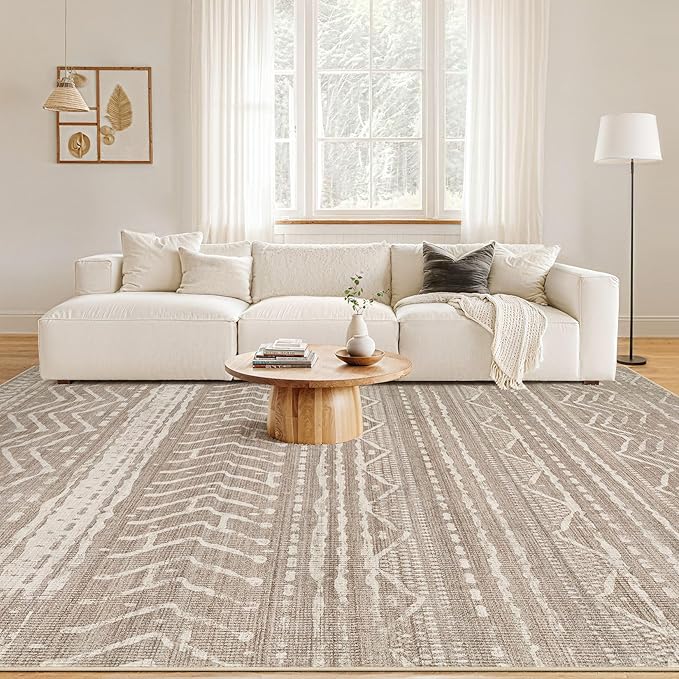 Nakagishi 7x10 Area Rugs Living Room: Washable Boho Large Neutral Soft Farmhouse Rug Stain Resistant Modern Geometric Non-Slip Indoor Floor Carpet for Bedroom Nursery Kids Playroom Office Dining Room