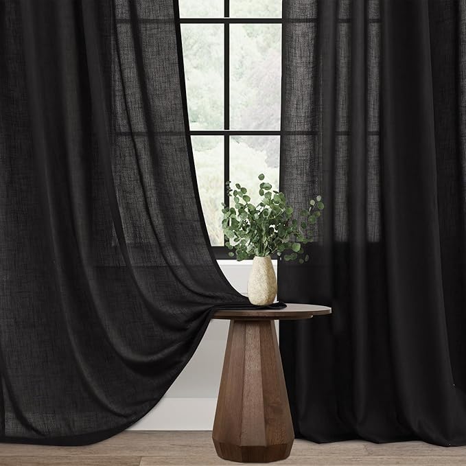 Black Linen Curtains 120 inches Long for Bedroom Back Tab Light Filtering Privacy Semi Sheer Black Curtains Living Room Boho Rustic Farmhouse Cotton Textured Gauze Curtain 2 Panel Set