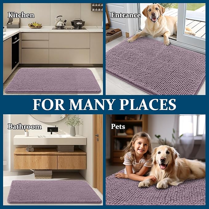 OLANLY Dog Door Mat for Muddy Paws 45x27, Absorbs Moisture and Dirt, Absorbent Non-Slip Washable Doormat, Quick Dry Chenille Mud Mat for Dogs, Entry Indoor Entryway Carpet for Inside Floor, Deep Plum