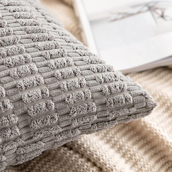 MIULEE Pack of 2 Corduroy Decorative Throw Pillow Covers 16x16 Inch Soft Boho Striped Pillow Covers Modern Farmhouse Home Decor for Sofa Living Room Couch Bed Light Grey