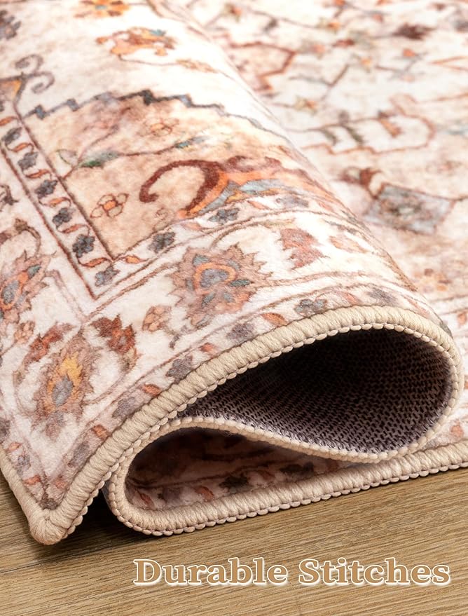 SERISSA Boho Washable Runner Rug, 2'6"x10' Long Non-Slip Vintage Peach Cream Hallway Kitchen Stair Runner Rug Ultra Soft Print Distressed Floor Carpet for Bedroom Bathroom Laundry Room
