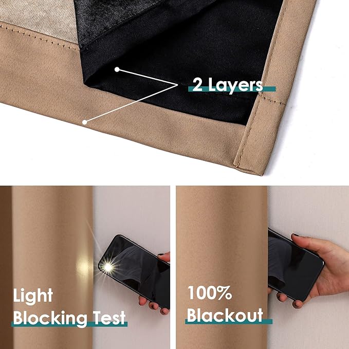 ChrisDowa 100% Blackout Curtains for Bedroom with Black Liner, 2 Thick Layers Total Blackout Thermal Insulated Grommet Window Curtains 2 Panels Set (Cappuccino, 52 x 72 Inch)