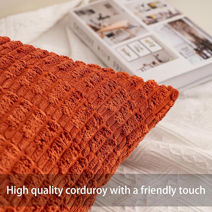 Pack of 2 Corduroy Decorative Throw Pillow Covers 18x18 Inch Fall Soft Striped Pillow Covers Modern Farmhouse Home Decor for Sofa Living Room Couch Bed(Rust)