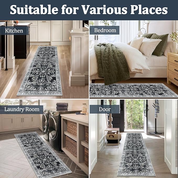 Yamaziot Washable Runner Rug 2x6 – Non Slip Boho Floral Hallway Runner Rug with Rubber Backing,Low Pile Faux Wool Distressed Carpet for Kitchen, Laundry, Bedroom, Entrance, Navy/Black