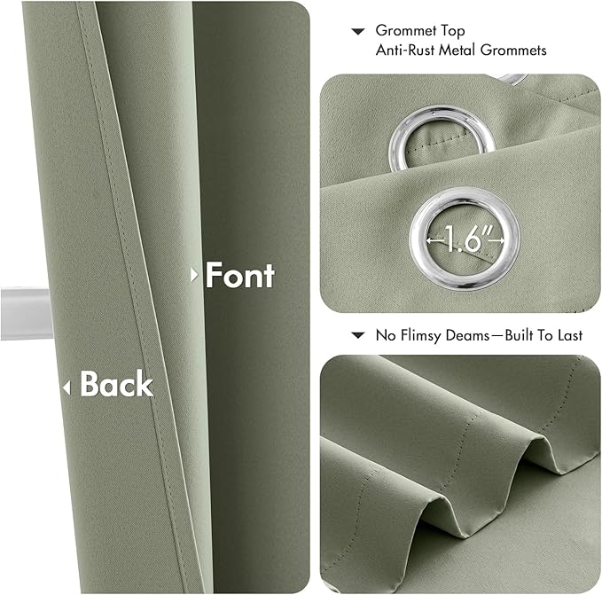 MIULEE Sage Green Blackout Curtains for Bedroom Living Room 63 Inches Long 2 Panels, Thermal Insulated Room Darkening Drapes Solid Grommet Noise Reduction Light Blocking Window Treatments 34x63 Inch
