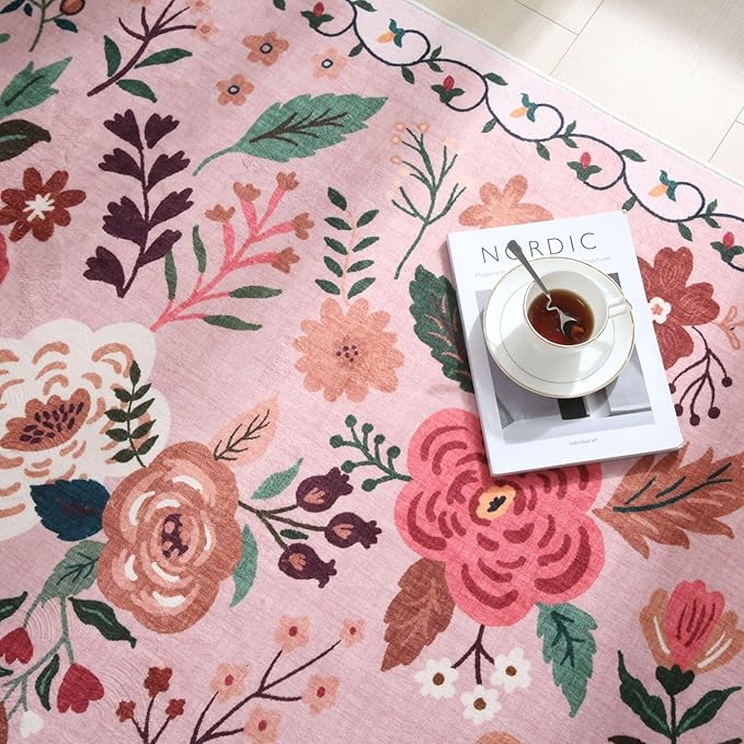 Rugcomf 2x5 Rug Runner - Floral Machine Washable Kitchen Rug, Non-Slip Low Pile Boho Carpet for Hallways, Laundry, Entryway, Bedroom, Bathroom - Pink