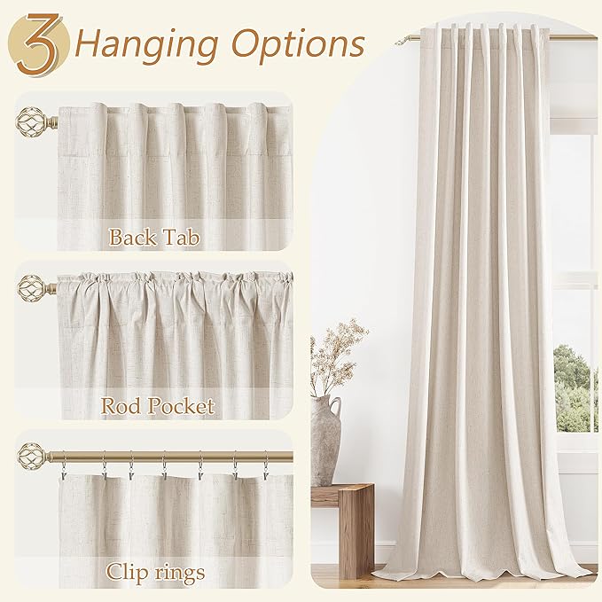 Guken 100% Blackout Linen Curtains 90 Inch Length 2 Panels Set for Living Room Bedroom Back Tab Thermal Insulated Black Out Drapes Room Darkening Farmhouse Window Curtains 90 Inches Long