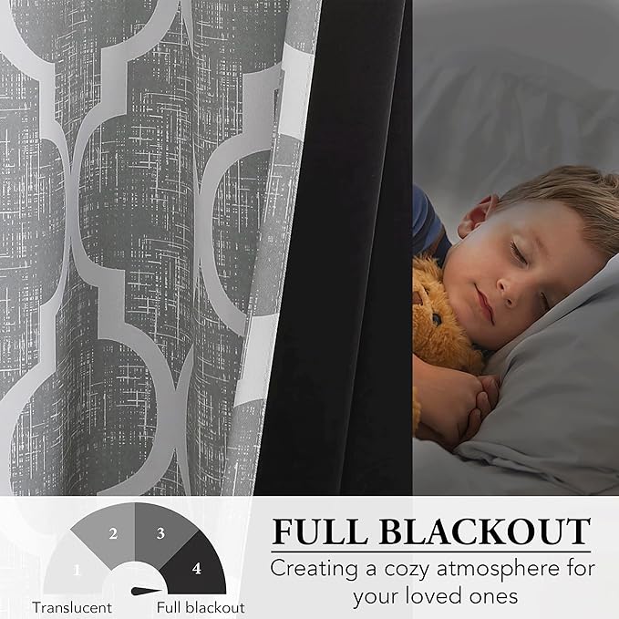 Beauoop 100% Blackout Curtains 96 Inches Long for Patio Sliding Door Grey Extra Wide Moroccan Geo Room Darkening Gray Thermal Soundproof Room Divider Grommet Window Treatment Drapes,100x96 Set of 1