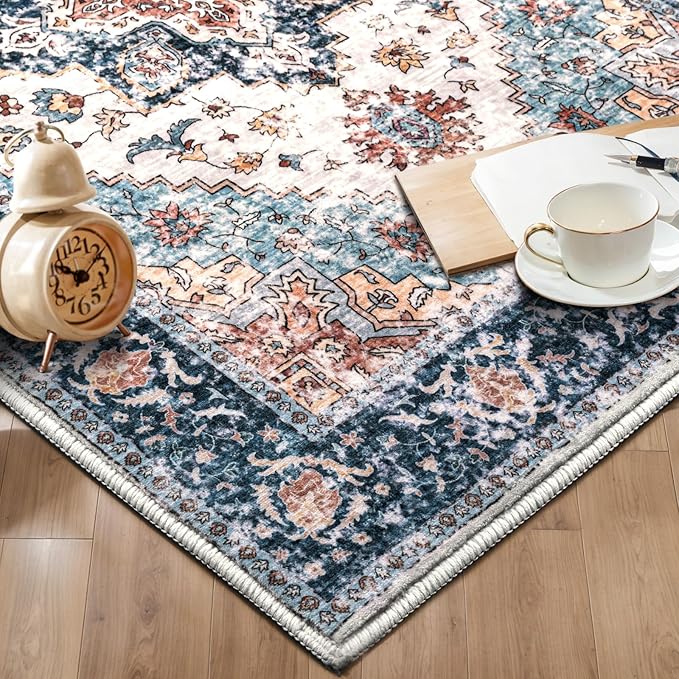 SERISSA Boho Washable Runner Rug, 2x5 Rug Non-Slip Vintage Blue Orange Hallway Kitchen Runner Rug Ultra Soft Print Distressed Tribal Floor Carpet for Bedroom Bathroom Laundry Room