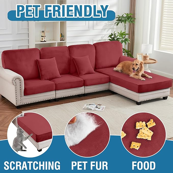Couch Cover 6-Piece Elastic Velvet Couch Cushion Covers & Chaise Slipcovers for L-Shaped Sofas, Sofa Seat Covers Washable, Soft Cover for Couches (5 Seater + Chaise, Christmas Red)