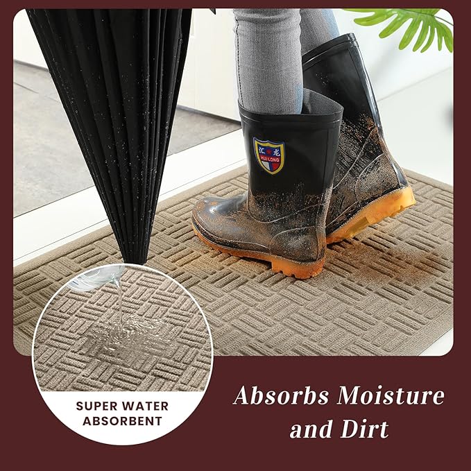 Mibao Front Door Mat Indoor Outdoor Entrance, Dirt Trapping Waterproof All-Season, All-Weather Doormat, Non-Slip Durable Natural Rubber Low Profile Easy Clean Patio Entrance Mat, 29.5" x 17", Beige