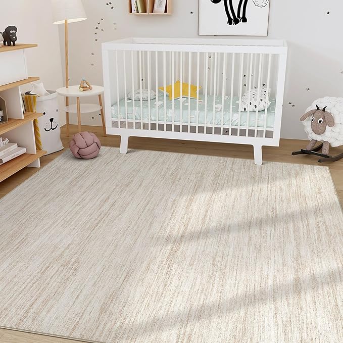 Nakagishi 5x8 Area Rugs Living Room: Washable Large Vintage Rug Neutral Non-Slip Soft Stain Resistant Indoor Carpet for Bedroom Nursery Dining Room Office Playroom - Beige-01