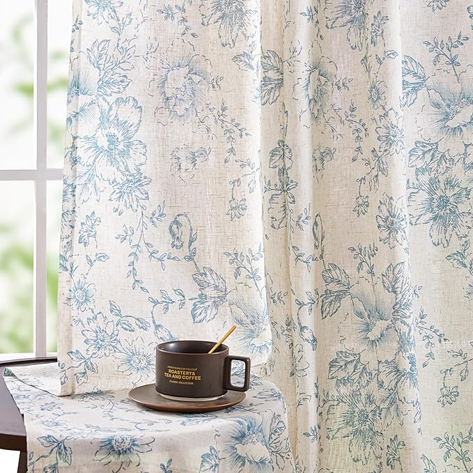 jinchan Linen Blend Curtain Floral Curtains for Living Room 96 Inch Length Blue Printed Curtain Rod Pocket Back Tab Farmhouse Peony Flower Patterned Drapes Bedroom Window Curtains Set 2 Panels