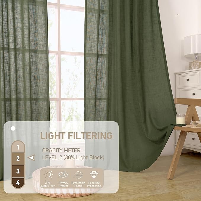 LAMIT Olive Green Linen Kitchen Curtains 30 Inch Length, Semi Sheer Light Filtering Window Panels Back Tab and Rod Pocket Drapes for Basement/Small Windows, 25 x 30 Inch, 2 Panels