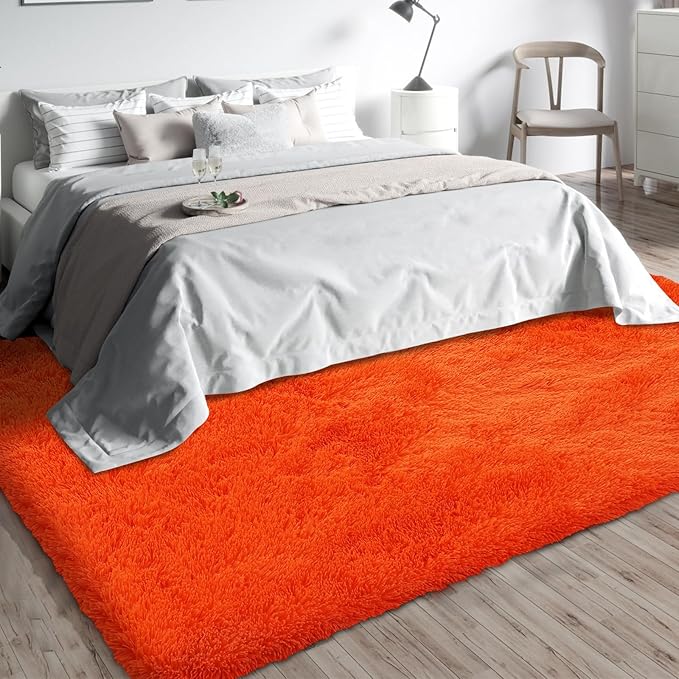 Orange Shag Area Rugs for Bedroom Living Room,8X10 Ultra Soft Fluffy Area Rugs for Dorm,Indoor Carpet Nursery Rugs for Kids Girls Room Home Halloween Decor
