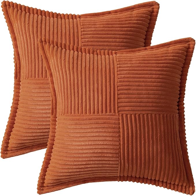 MIULEE Rust Decorative Throw Pillow Covers for Couch Bed Livingroom 18x18 Inch Set of 2 Boho Accent Throw Pllows Broadside Striped Patchwork Soft Corduroy Pillowcases