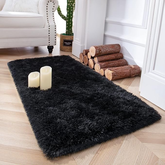 Chicrug Soft Area Rugs for Bedroom Living Room Plush Fluffy Rug 2x4 Feet, Shag Furry Area Rug Carpet Non Shedding for Nursery Children Kids Girls Room Home Decorative, Black