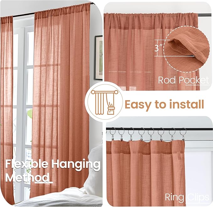 BGment Terracotta Linen Curtains 54 Inch Length for Short Living Room, Semi Sheer Burnt Orange Drapes Boho Rustic for Bedroom Decor with Rod Pocket Lightweight, 2 Panels Set, Each 42 Inch Wide
