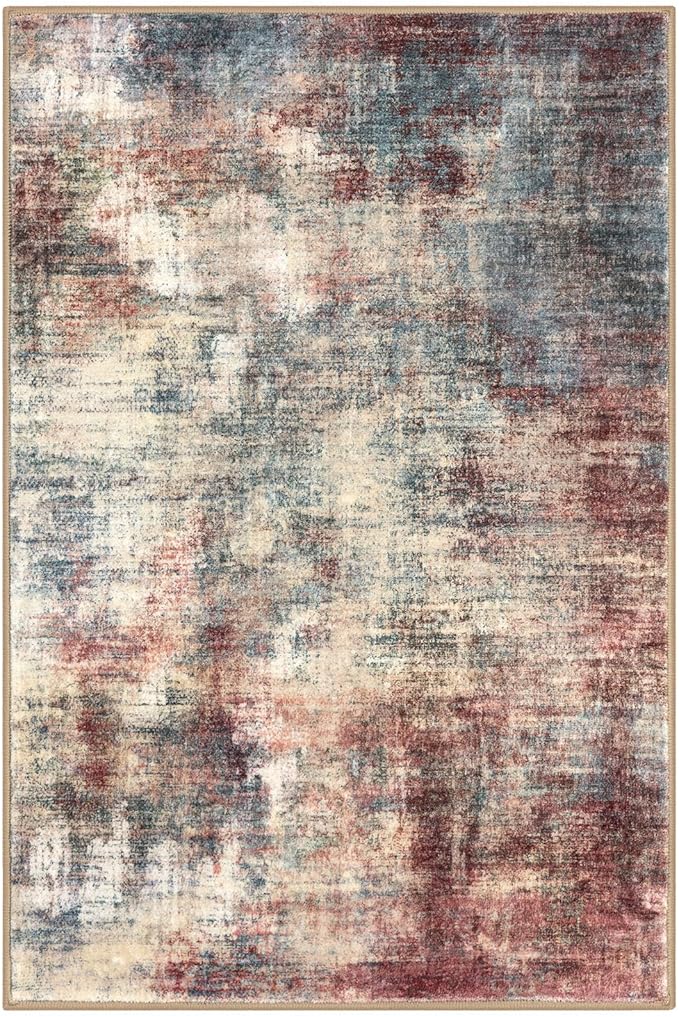 IOHOUZE Abstract Area Rug 4x6 Ft Washable Rugs for Entryway Indoor, Non Slip Small Living Room Rugs Printed Faux Wool Throw Rug, Floor Carpet for Kitchen Nursery Playroom, Red/Multi