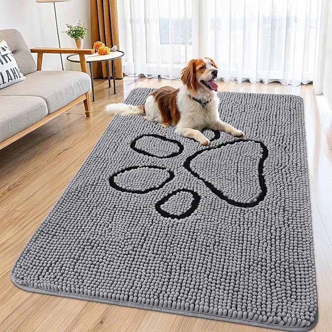Smiry Dog Door Mat for Muddy Paws, Absorbent Dirt Trapper Non Slip Quick Dry Washable Chenille Mat for Mud Dogs, Entry Rug for Indoor and Outdoor (59x32 Inches, Grey and Black)