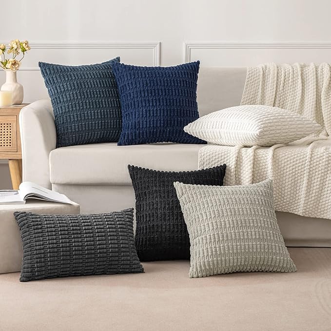 MIULEE Pack of 2 Corduroy Decorative Throw Pillow Covers 16x16 Inch Soft Boho Striped Pillow Covers Modern Farmhouse Home Decor for Summer Coastal Sofa Living Room Couch Bed Blue