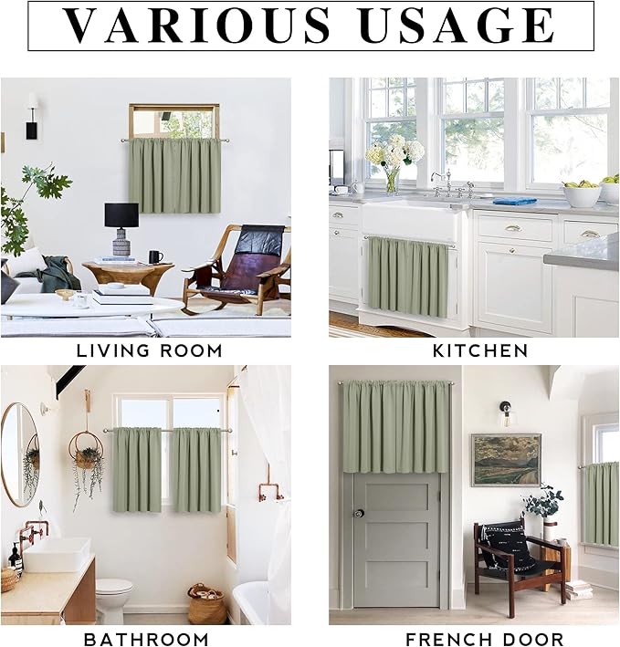 RYB HOME Cafe Blackout Curtains 24 inch Length, RV Curtains for Camper Windows, Mini Short Small Insulating Light UV Blocking Privacy Half Window Tiers, Width 29 by Length 24, Sage Green, 2 Panels