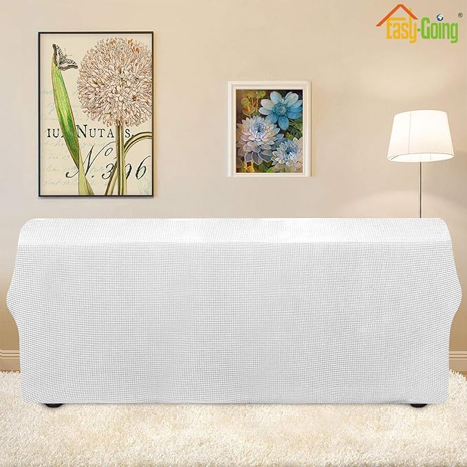 Easy-Going Stretch Oversized Sofa Slipcover 1-Piece Sofa Cover Furniture Protector Couch Soft with Elastic Bottom for Kids, Polyester Spandex Jacquard Fabric Small Checks Snow White