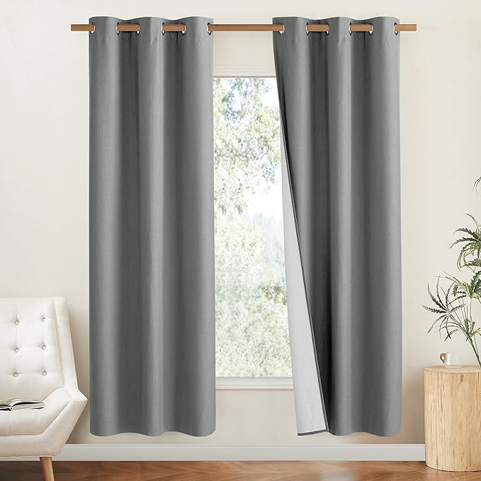 NICETOWN 100% Absolutely Blackout Linen Curtains with Thermal Insulated White Liner, Dove Grey, 42" Wide, 2 Pieces, Privacy Vertical Window Drapes for Office Laundry Living Room Windows 72 inch Long