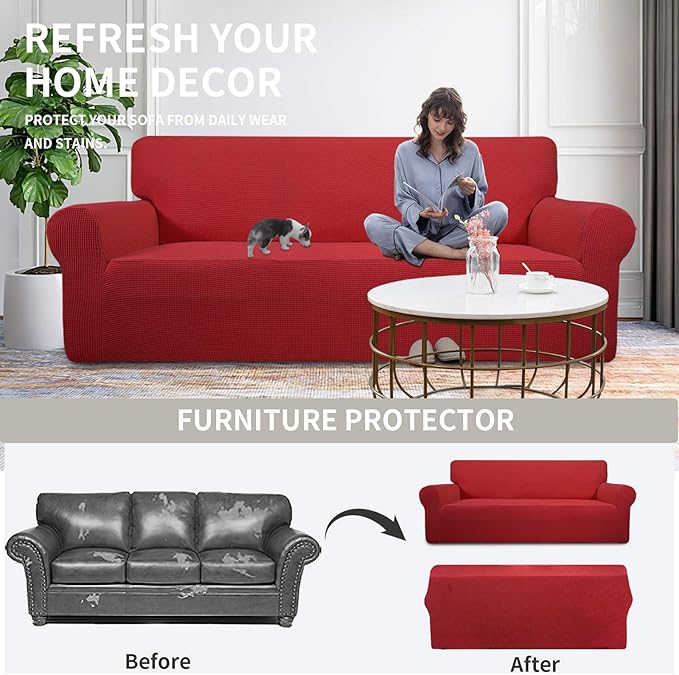 Easy-Going Stretch Oversized Loveseat Slipcover 1-Piece Sofa Cover Furniture Protector Couch Soft with Elastic Bottom for Kids Polyester Spandex Jacquard Fabric Small Checks Christmas Red