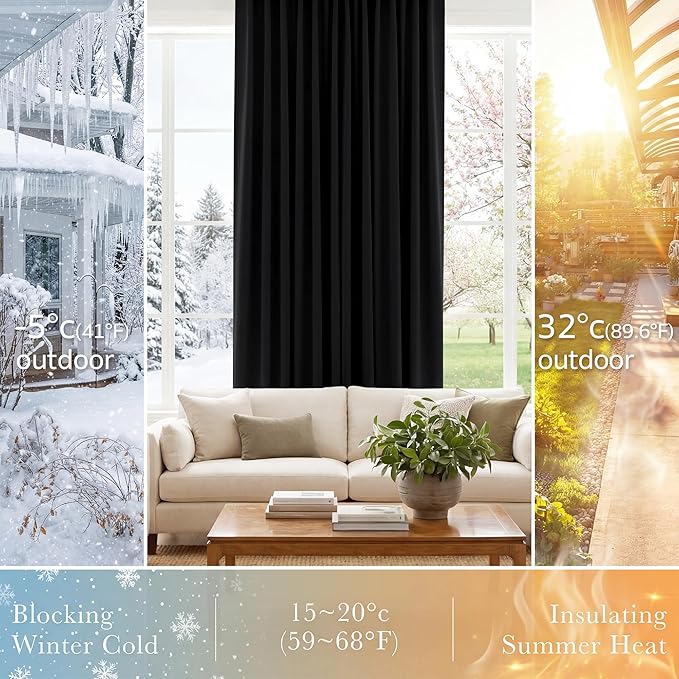 PONY DANCE Blackout Curtains 96 inch Long, Room Darkening Ceiling to Floor Curtains for Bedroom, Thermal Insulated Drapes for Living Room Window, Back Tab/Rod Pocket, 52 Inch Wide, 2 Panels, Black