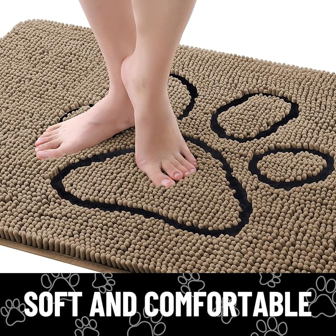 Smiry Dog Door Mat for Muddy Paws, Absorbent Dirt Trapper Non Slip Quick Dry Washable Chenille Mat for Mud Dogs, Entry Rug for Indoor and Outdoor (59x35 Inches, Camel and Black)