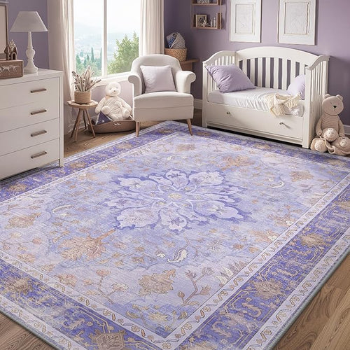 Area Rugs 6'x9' Washable Non-Slip, Floral Vintage Distress Print Pattern Medallion Carpet for Living Room Bedroom Dining Room, Light Purple Brown