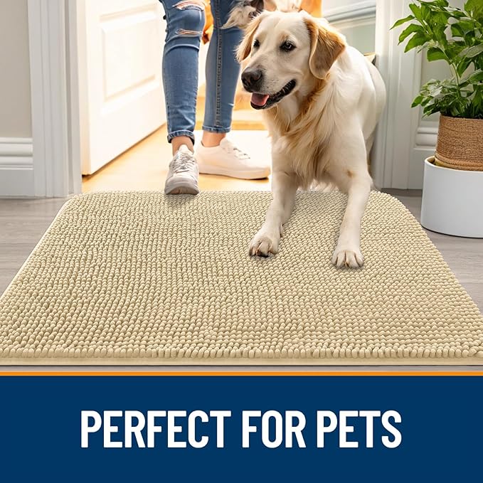 OLANLY Dog Door Mat for Muddy Paws 54x32, Absorbs Moisture and Dirt, Absorbent Non-Slip Washable Doormat, Quick Dry Chenille Mud Mat for Dogs, Entry Indoor Entryway Carpet for Inside Floor, Sand