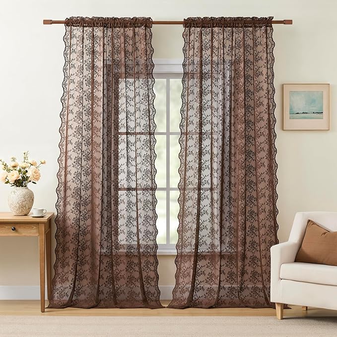YJ YANJUN Vintage Lace Curtains 72 Inches Long- Country Brown Floral Curtains for Home Office Living Room 2 Panels, Earthy Embroidered Texture, Privacy Rustic Cottage Core Neutral Decor W52 X L72