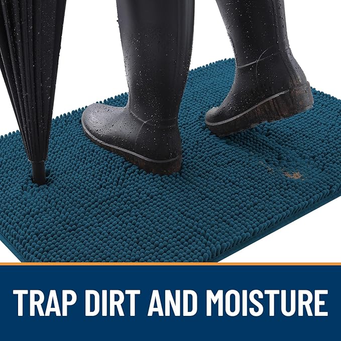 OLANLY Dog Door Mat for Muddy Paws 47x20, Absorbs Moisture and Dirt, Absorbent Non-Slip Washable Doormat, Quick Dry Chenille Mud Mat, Entry Indoor Entryway Carpet for Inside Floor, Atlantic Blue