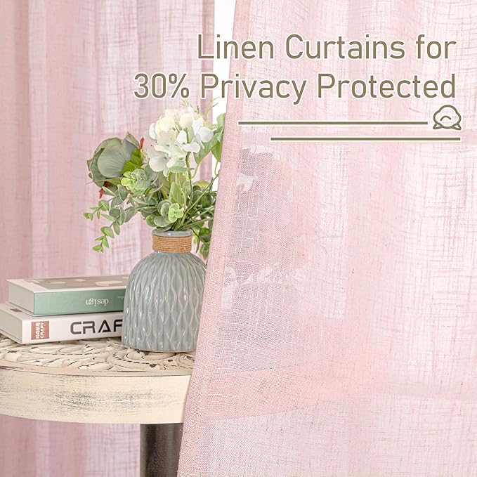 LAMIT 40 Inch Length Linen Curtains for Small Windows, Semi Sheer Light Filtering Panels Back Tab and Rod Pocket Neutral Drapes for Basement/Window/Kids Room, Pink, 2 Panels, 34 x 40 Inch
