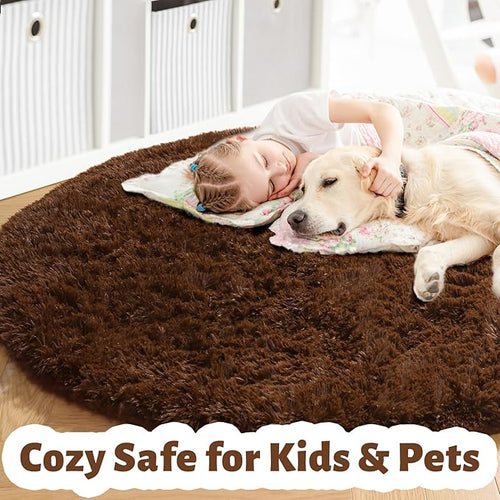 Amdrebio Dark Brown Round Circle Rugs 5Ft for Bedroom, Fluffy Shag Plush Area Rugs for Kids Room, Living Room Decor Aesthetic, Fuzzy Fur Floor Chocolate Coffee Carpet for Playroom Dorm Baby Nursery