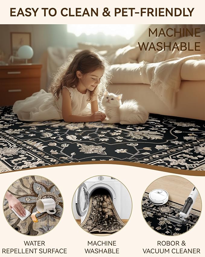 Area Rugs 2'x8' Runner Rug Non Slip Washable for Kitchen Hallway Bedroom Beside Laundry Room Bathroom Rug, Floor Carpet, Black Brown Neutral Dark Tan
