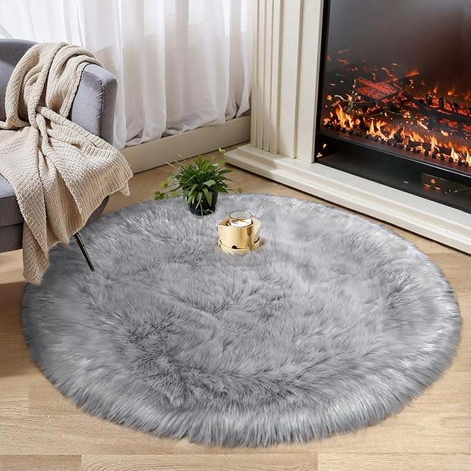 Ciicool Round Fur Fluffy Area Rug for Bedroom, Grey Faux Fur Rugs Furry Circle for Kids Room, Cute Furry Nursery Carpet, Plush Shag Circular Rugs Floor Carpets 3x3 Ft