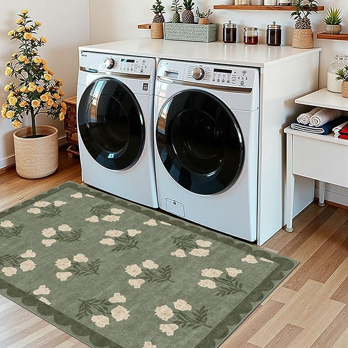 Floral Outdoor Rug - 28" x 43" Front Door Mat Indoor Outside Entrance Non-Slip Washable Outdoor Mat Sage Green Spring Scalloped Rug for Entryway Kitchen Bedroom Layered Doormat for Front Porch