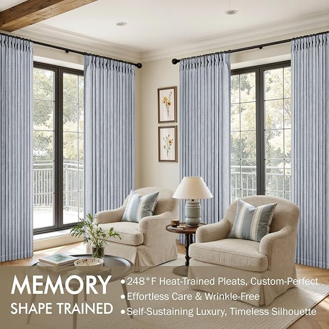 MIULEE Pinch Pleated Thick Linen Curtains 84 Inches Long 2 Panels for Living Room Bedroom, Linen Textured Memory Trained Drapes Pleat Back Tab Light Filtering Light Blue Window Curtains with Hooks