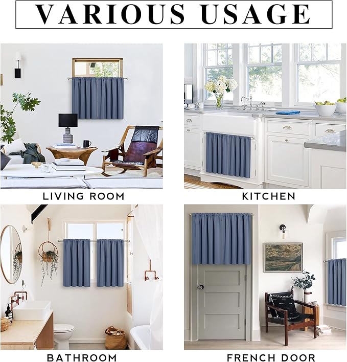 RYB HOME Blackout Privacy Bathroom Window Curtains, Short Thermal Insulated Heat Blocking Privacy Rod Pocket Half Window Curtain Tiers for Nursery Bedroom, Width 42 by Length 30, Stone Blue, 2 Panels