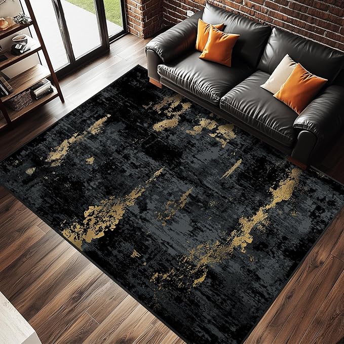 Washable Area Rugs 6'x8' Non-Slip Modern Abstract Soft for Living Room Entryway Bedroom Nursery, Print Pattern, Dark Black Gold