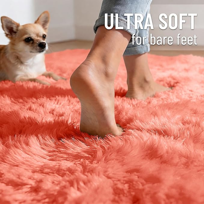 OLANLY 8x10 Machine Washable Large Area Rugs for Living Room, Bedroom, Soft Fluffy Shaggy Bedside Rug, Indoor Floor Carpet for Kids Girls and Boys, Dorms, Nursery, Home Decor Aesthetic, Coral Red