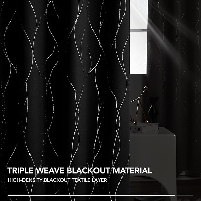 Deconovo Black Out Curtains for Living Room, 42 x 95 Inch Length 2 Panels Set, Thermal Insulated Soundproof Window Drapes with Silver Print, Grommet Machine Washable Panels for Bedroom Sliding Door