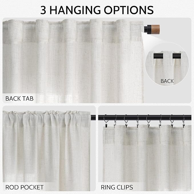 Nanspring Natural Linen Curtains for Living Room 95 Inches Long Rustic Farmhouse Decor Light Filtering Semi Sheer Curtain Back Tab and Rod Pocket Luxury Drapes for Bedroom Office 52x95, 2 Panels