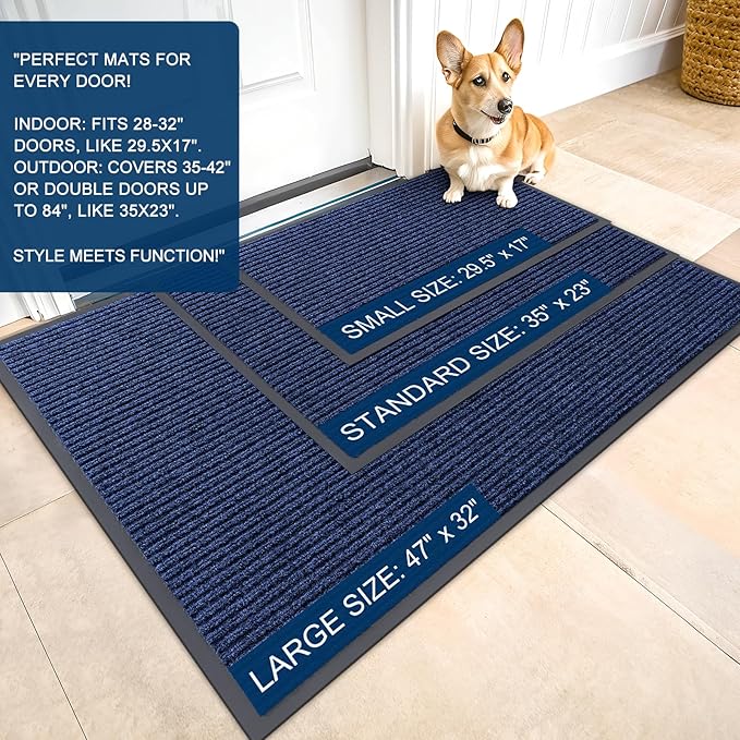 OLANLY Front Door Mat Indoor Outdoor Entrance, 2-Pack 59 x 34 Inch, Waterproof Heavy Duty Doormat, Fade Resistant, Low Profile, Easy Clean Patio Porch Welcome Floor Mats for Entry, Blue