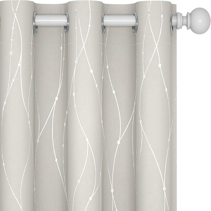 Deconovo Room Darkening Curtains, Light Beige Curtain, Thermal Insulated Noise Reducing Drapes, Silver Wave Dots Print, 42 x 54 Inch Long, Machine Washable Window Panels for Kitchen Nursery, Set of 2